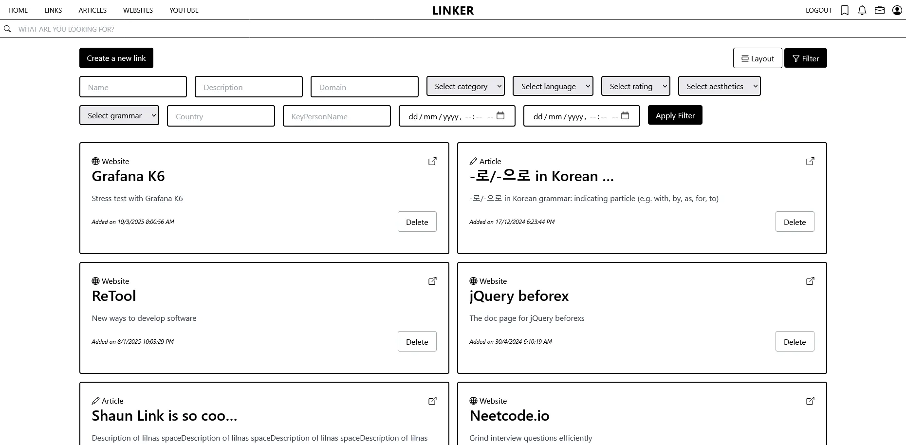 Page showing list of links