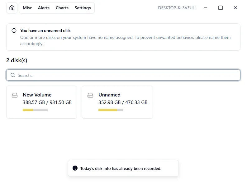 The homepage showing two available disks with its usage bar