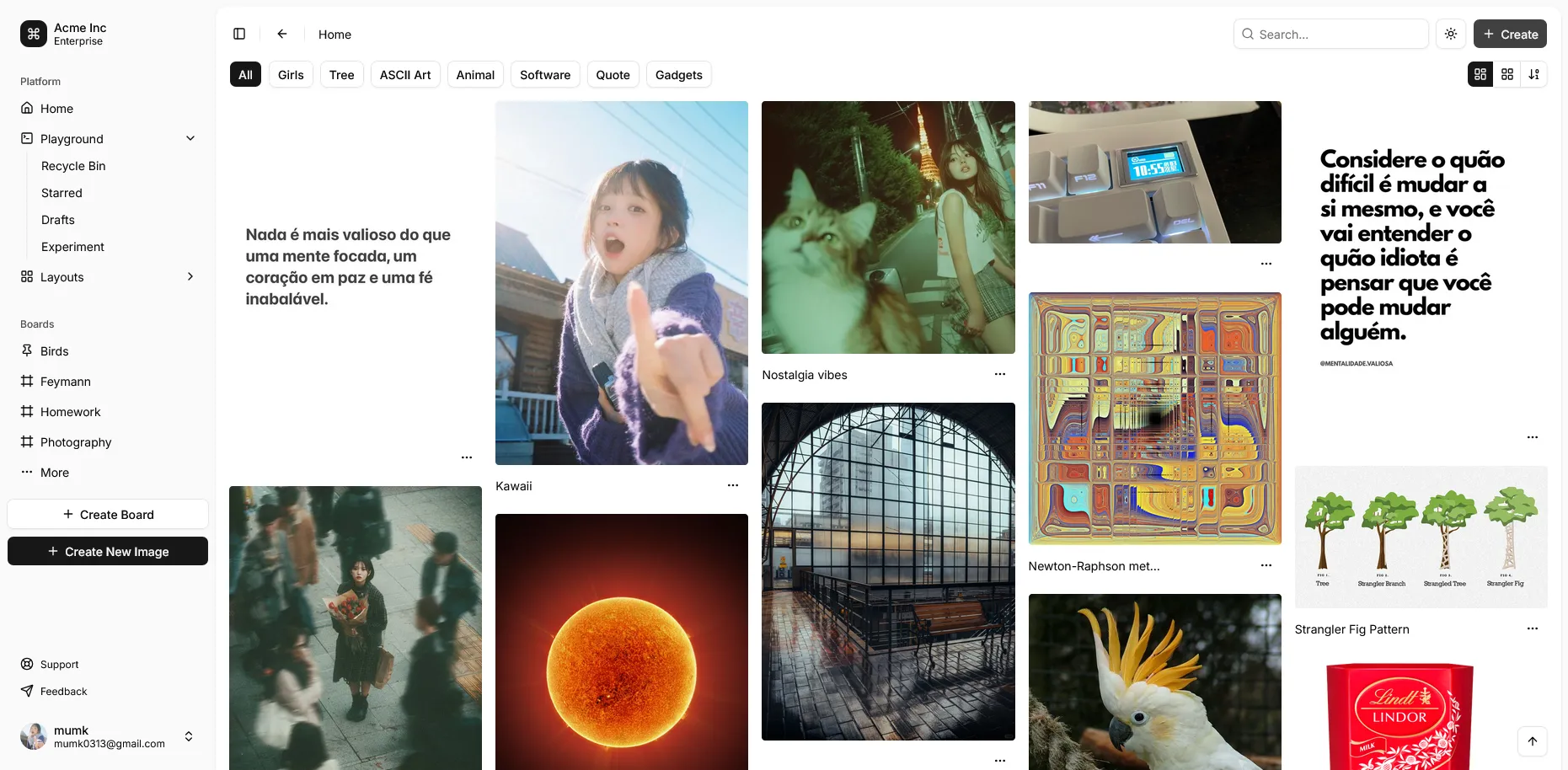 Home page showing images in masonry layout